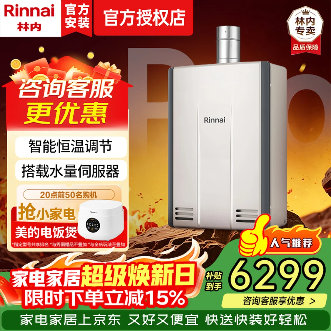 林内(Rinnai)原装进口燃气热水器16/20/24升室内强排机天然气厨房阳台搭载水量伺服器恒温防冻旗舰款16L【新款上市旗舰强排式】